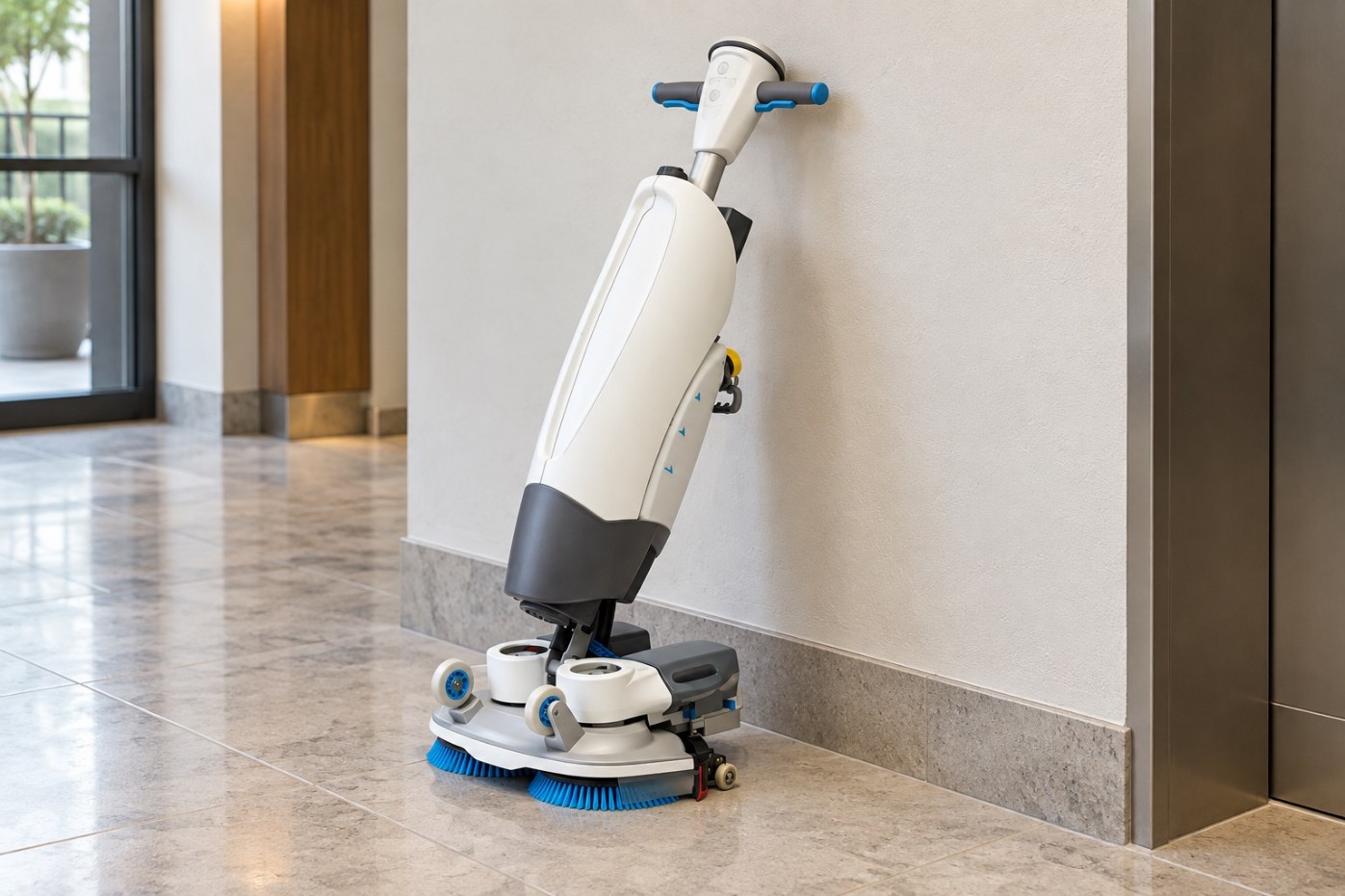 Autolaveuse nettoyant un sol en marbre dans un hall d'immeuble
