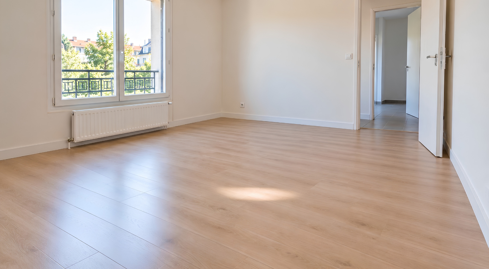 Pièce à vide au sol en parquet clair après remise en état